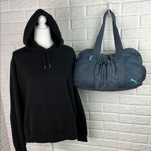 PUMA BUNDLE Black Fleece Lined Hoodie SZ XL and Gray Duffel Gym Bag